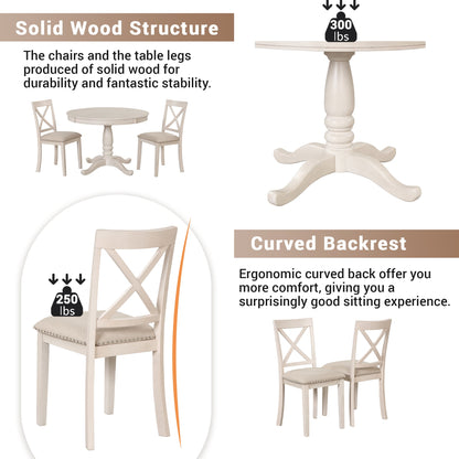 Antique White Modern Dining Table Set for 4 with Round Table and Chairs, Solid Wood & MDF - 1st Choice Furniture Direct