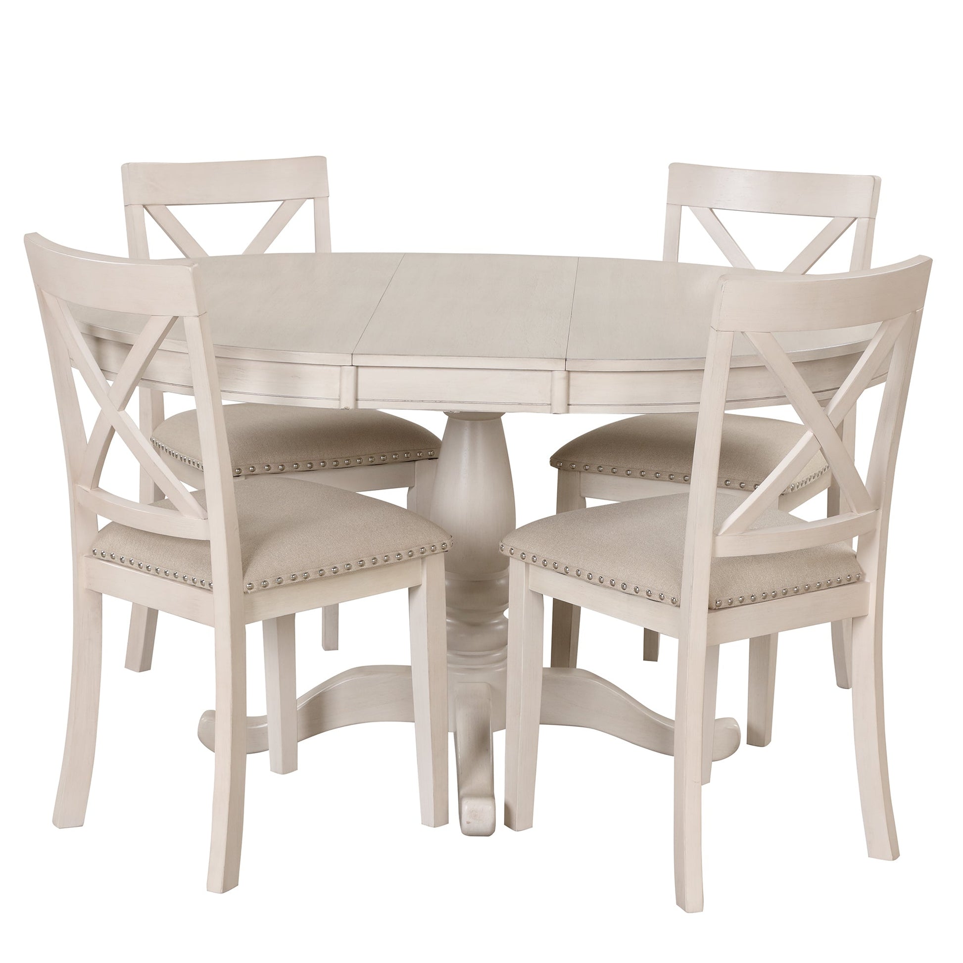Antique White Modern Dining Table Set for 4 with Round Table and Chairs, Solid Wood & MDF - 1st Choice Furniture Direct
