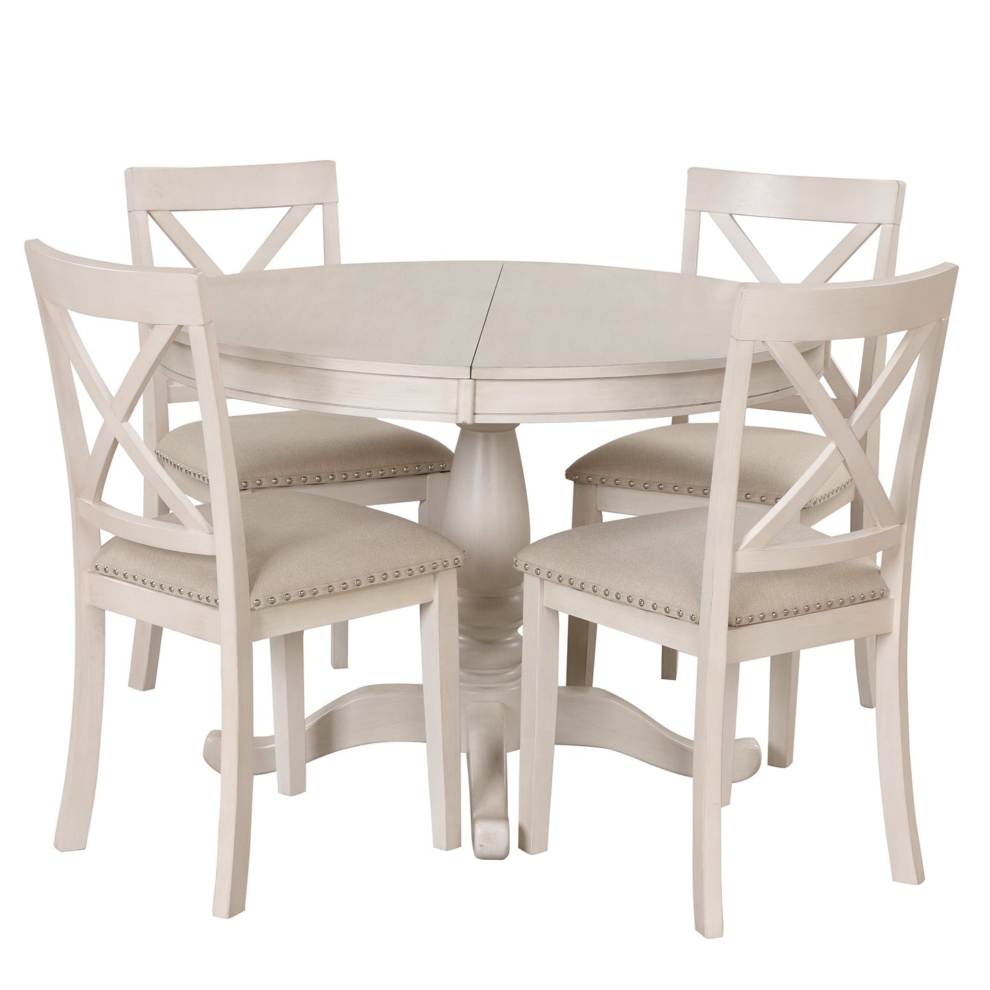 Antique White Modern Dining Table Set for 4 with Round Table and Chairs, Solid Wood & MDF - 1st Choice Furniture Direct