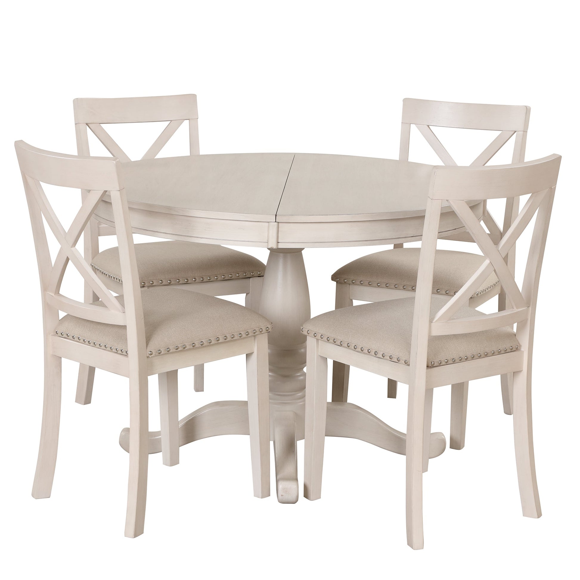 Antique White Modern Dining Table Set for 4 with Round Table and Chairs, Solid Wood & MDF - 1st Choice Furniture Direct