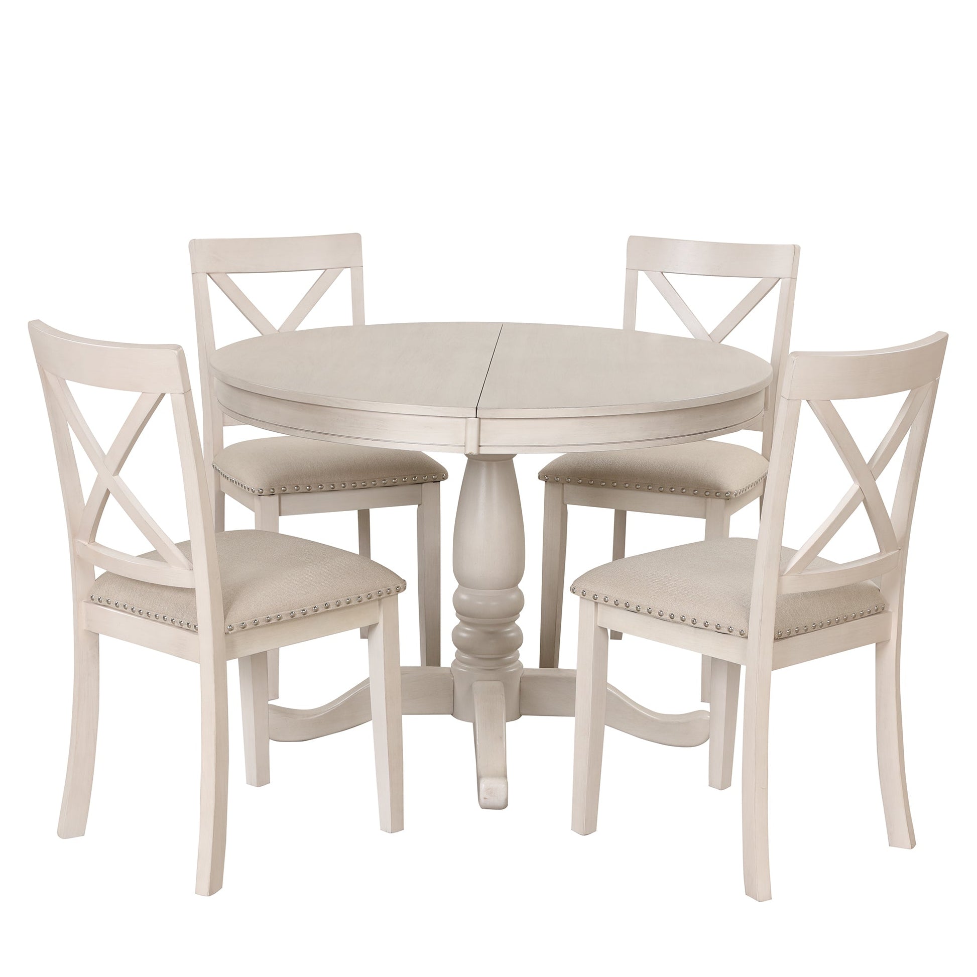Antique White Modern Dining Table Set for 4 with Round Table and Chairs, Solid Wood & MDF - 1st Choice Furniture Direct