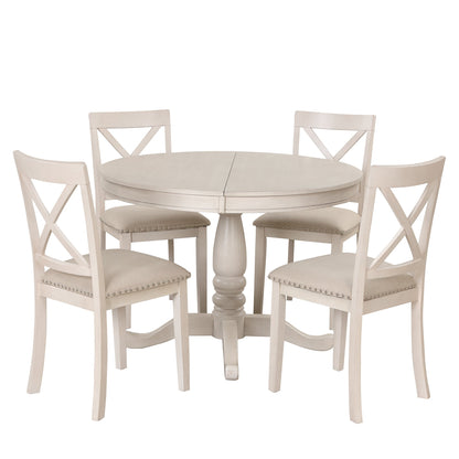 Antique White Modern Dining Table Set for 4 with Round Table and Chairs, Solid Wood & MDF - 1st Choice Furniture Direct