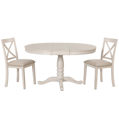 Antique White Modern Dining Table Set for 4 with Round Table and Chairs, Solid Wood & MDF - 1st Choice Furniture Direct