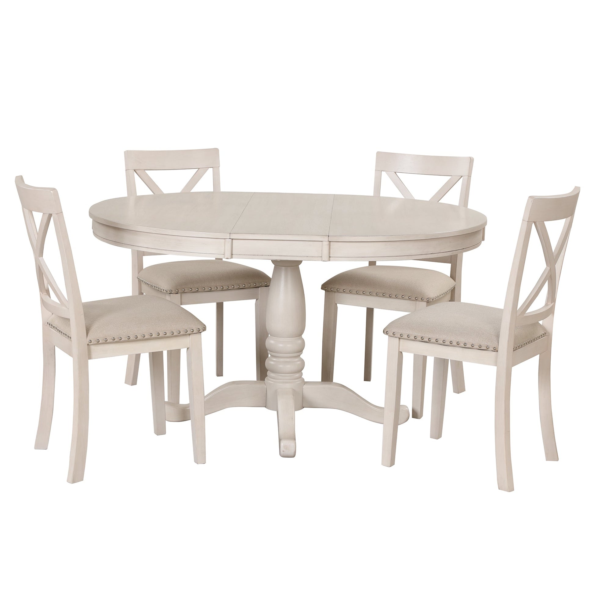 Antique White Modern Dining Table Set for 4 with Round Table and Chairs, Solid Wood & MDF - 1st Choice Furniture Direct