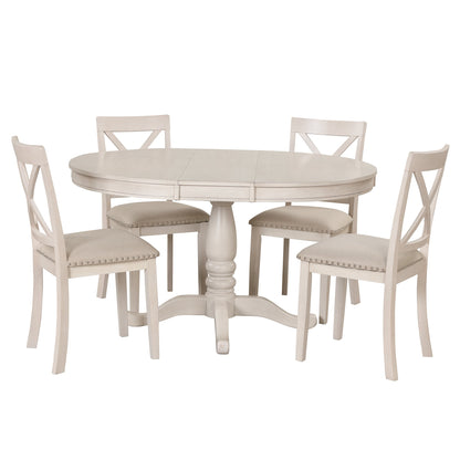 Antique White Modern Dining Table Set for 4 with Round Table and Chairs, Solid Wood & MDF - 1st Choice Furniture Direct