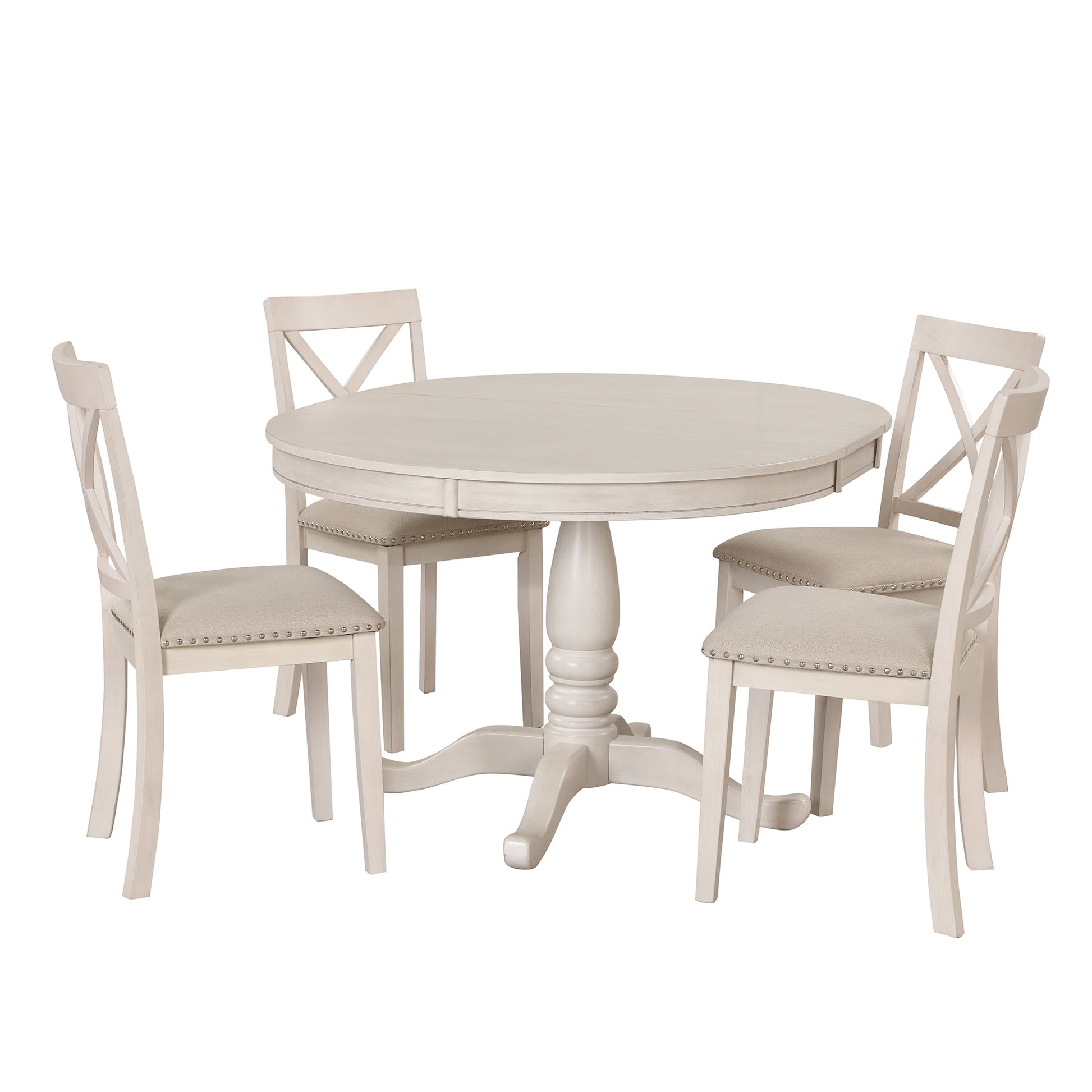 Antique White Modern Dining Table Set for 4 with Round Table and Chairs, Solid Wood & MDF - 1st Choice Furniture Direct