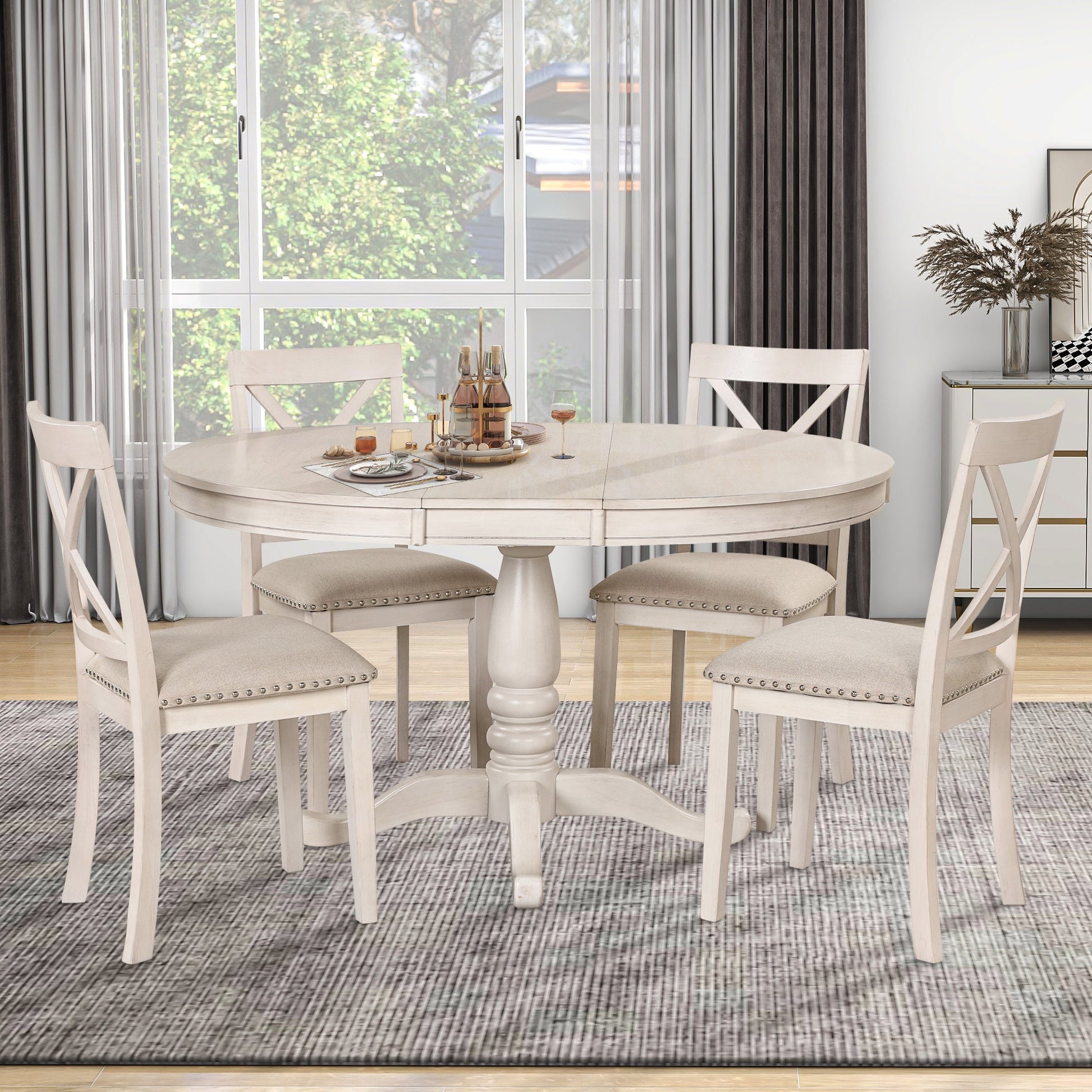Antique White Modern Dining Table Set for 4 with Round Table and Chairs, Solid Wood & MDF - 1st Choice Furniture Direct