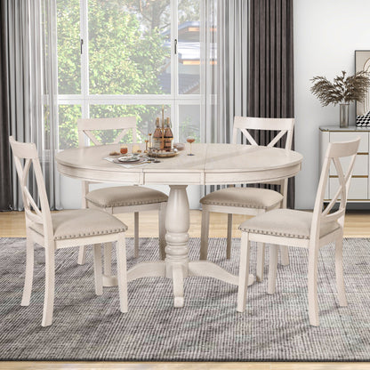 Antique White Modern Dining Table Set for 4 with Round Table and Chairs, Solid Wood & MDF - 1st Choice Furniture Direct
