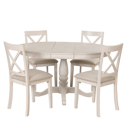Antique White Modern Dining Table Set for 4 with Round Table and Chairs, Solid Wood & MDF - 1st Choice Furniture Direct