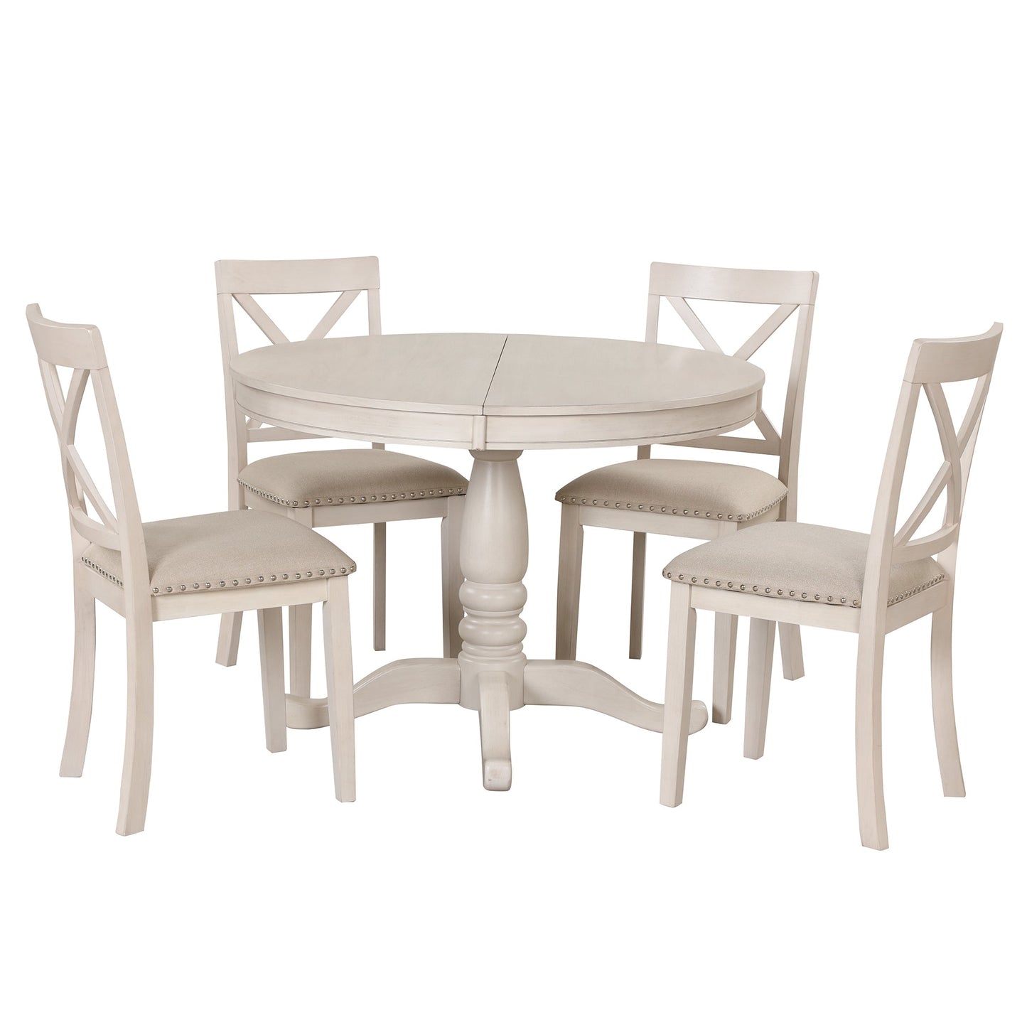 Antique White Modern Dining Table Set for 4 with Round Table and Chairs, Solid Wood & MDF - 1st Choice Furniture Direct