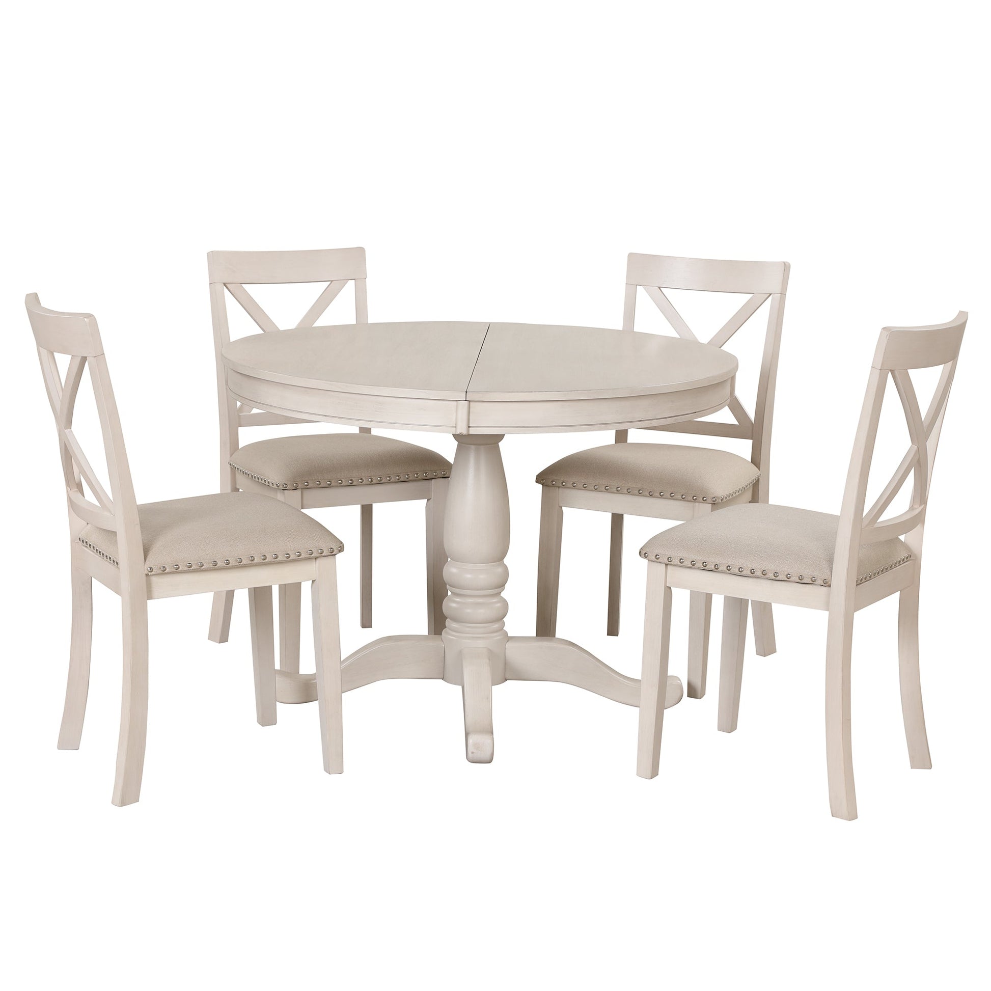 Antique White Modern Dining Table Set for 4 with Round Table and Chairs, Solid Wood & MDF - 1st Choice Furniture Direct