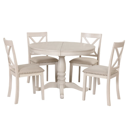 Antique White Modern Dining Table Set for 4 with Round Table and Chairs, Solid Wood & MDF - 1st Choice Furniture Direct