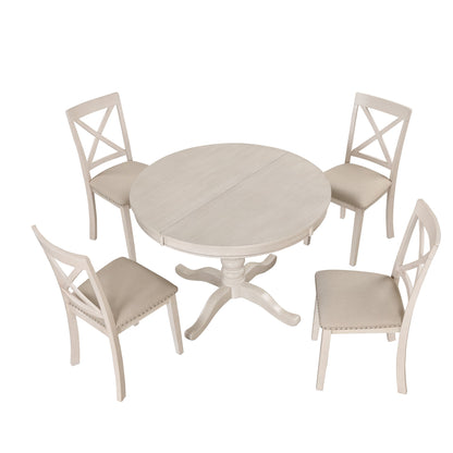 Antique White Modern Dining Table Set for 4 with Round Table and Chairs, Solid Wood & MDF - 1st Choice Furniture Direct