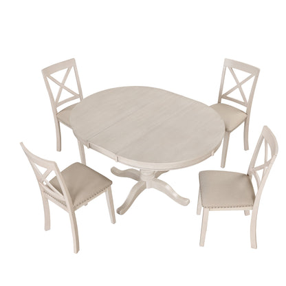 Antique White Modern Dining Table Set for 4 with Round Table and Chairs, Solid Wood & MDF - 1st Choice Furniture Direct