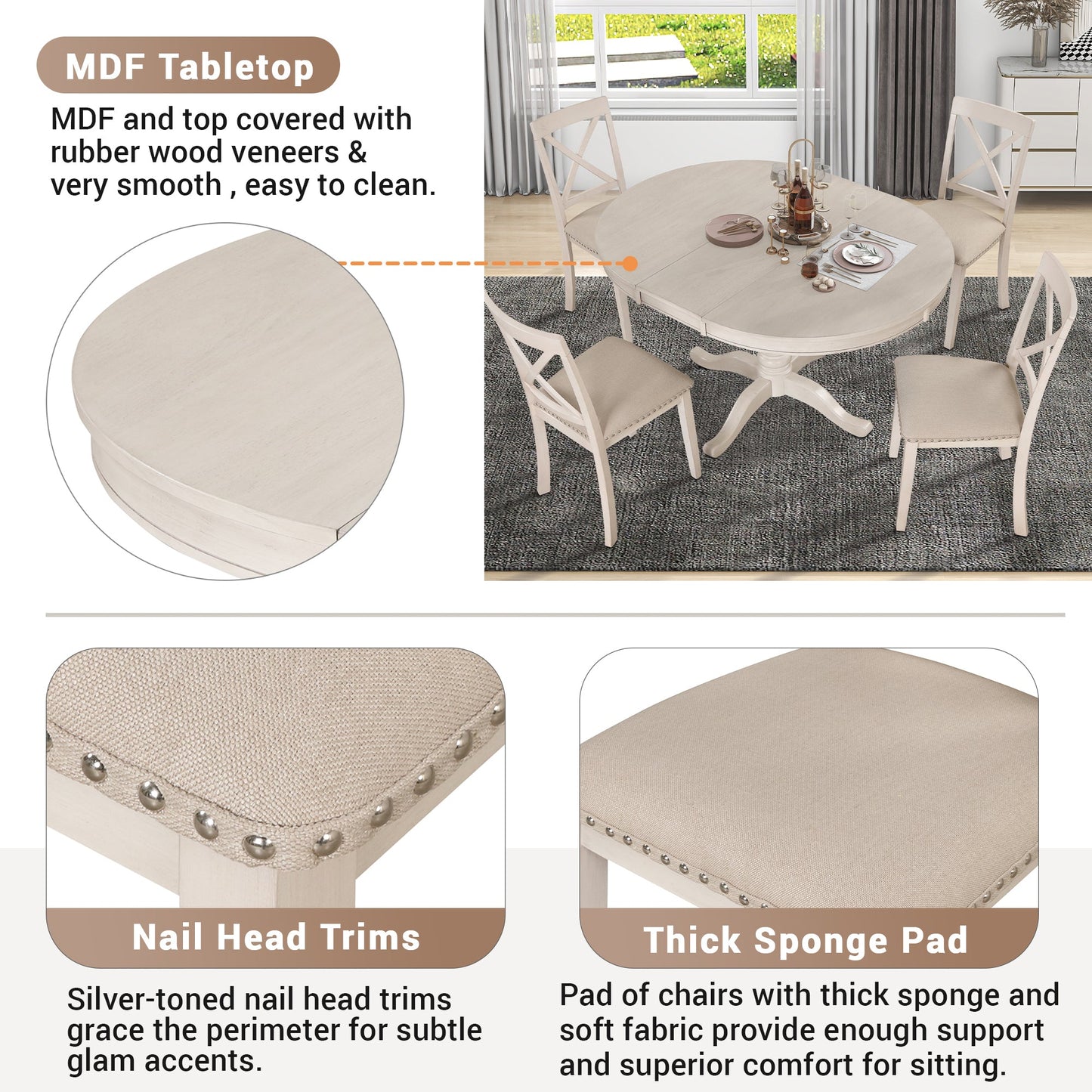 Antique White Modern Dining Table Set for 4 with Round Table and Chairs, Solid Wood & MDF - 1st Choice Furniture Direct