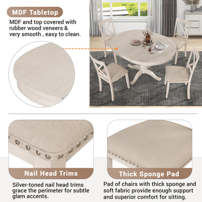 Antique White Modern Dining Table Set for 4 with Round Table and Chairs, Solid Wood & MDF - 1st Choice Furniture Direct