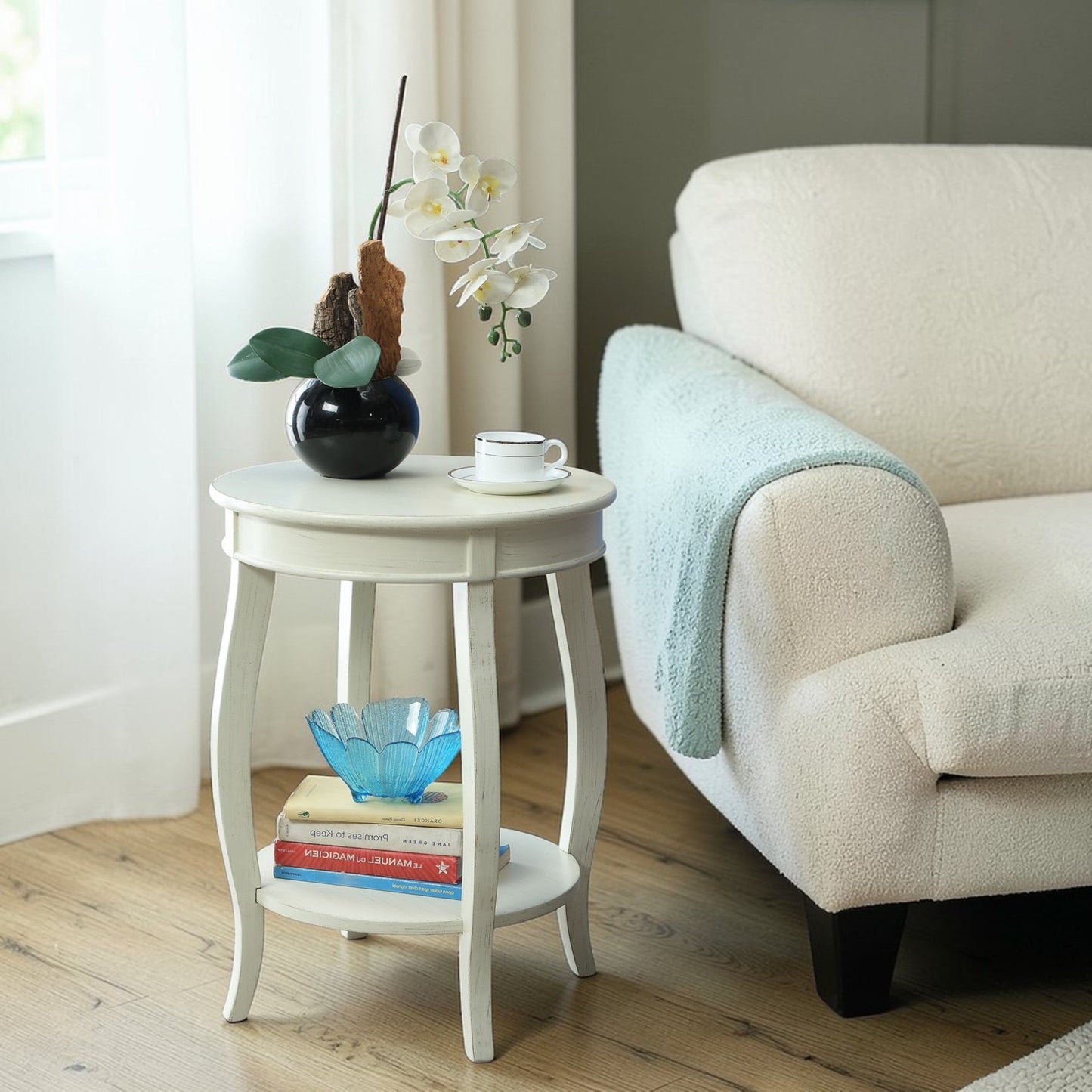 Antique White Round End Table with Bottom Shelf - 1st Choice Furniture Direct