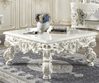 Antique White Square Coffee Table with Hand-Carved Floral Legs - 1st Choice Furniture Direct
