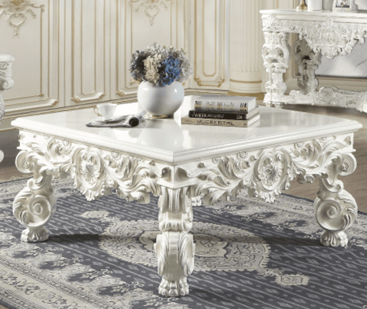 Antique White Square Coffee Table with Hand-Carved Floral Legs - 1st Choice Furniture Direct