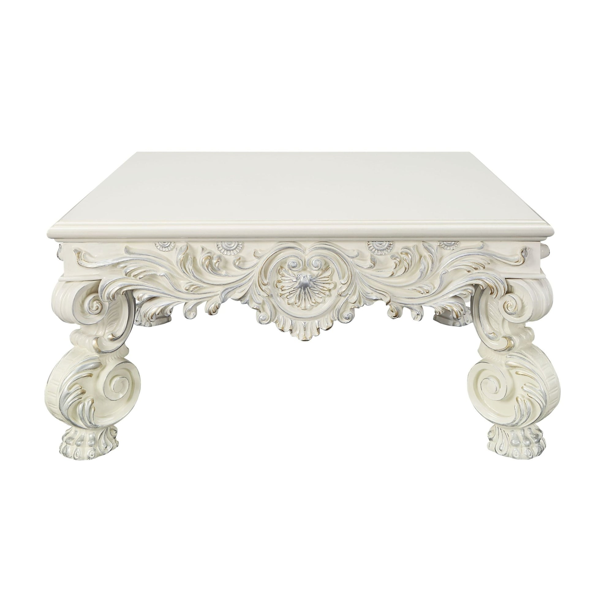 Antique White Square Coffee Table with Hand-Carved Floral Legs - 1st Choice Furniture Direct
