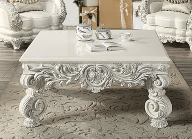 Antique White Square Coffee Table with Hand-Carved Floral Legs - 1st Choice Furniture Direct