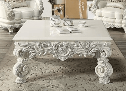 Antique White Square Coffee Table with Hand-Carved Floral Legs - 1st Choice Furniture Direct