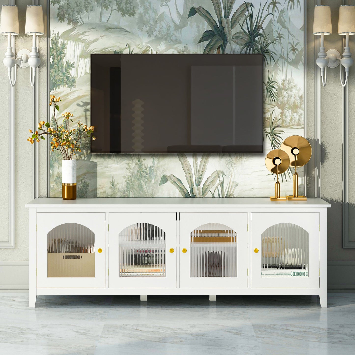 Antique White Stylish TV Cabinet Entertainment Center with Solid Wood Frame and Changhong Glass Door - 1st Choice Furniture Direct
