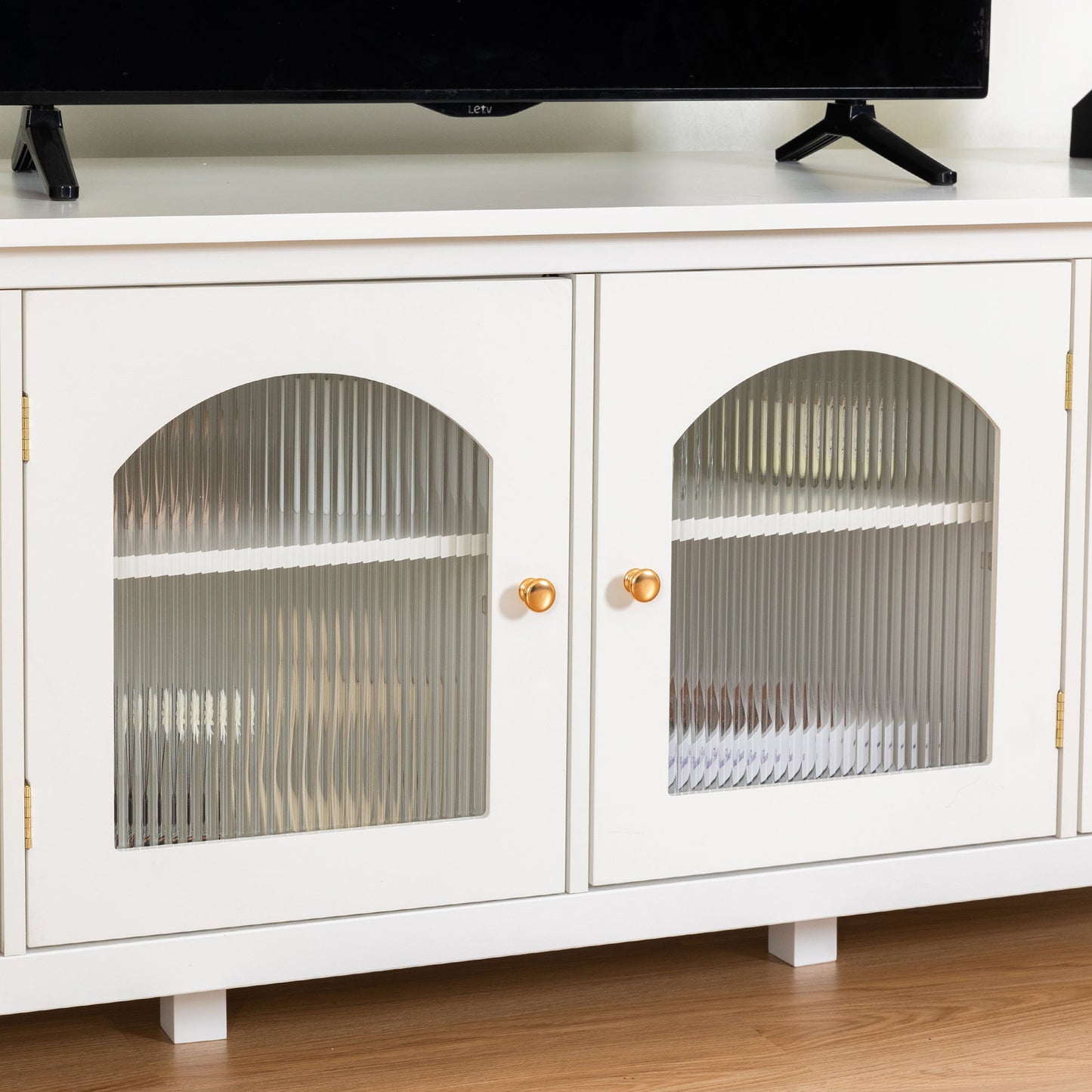 Antique White Stylish TV Cabinet Entertainment Center with Solid Wood Frame and Changhong Glass Door - 1st Choice Furniture Direct