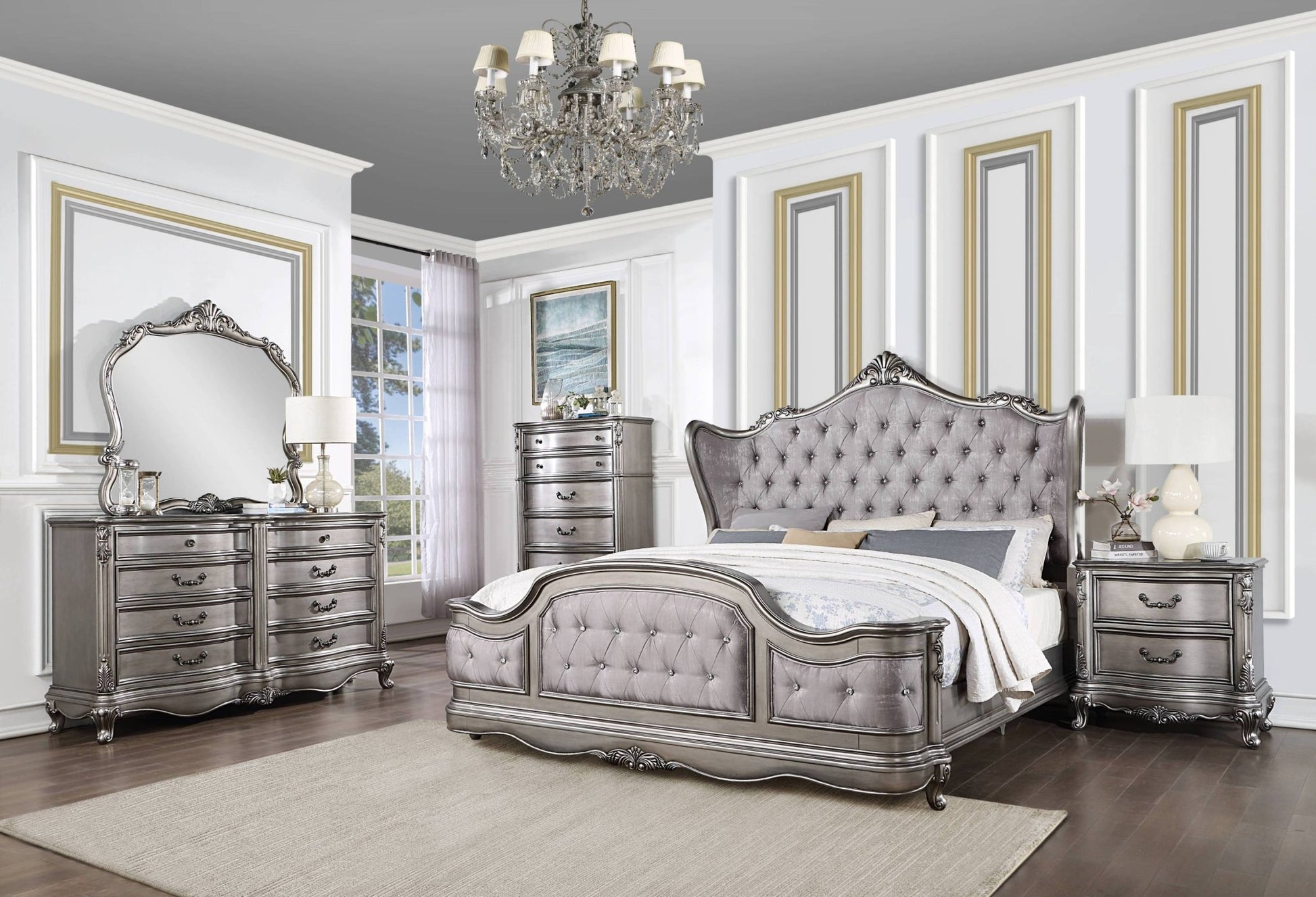 Ariadne Velvet & Antique Platinum Finish CAL. King Bed - 1st Choice Furniture Direct