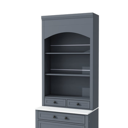[Assembly Video Provided] TOPMAX Modern 83.7inch High Kitchen Pantry, Freestanding Tall Kitchen Hutch with Faux Marble Top, Display Cupboard Cabinet with 5 Storage Drawers and Adjustable Shelf, Gray - 1st Choice Furniture Direct