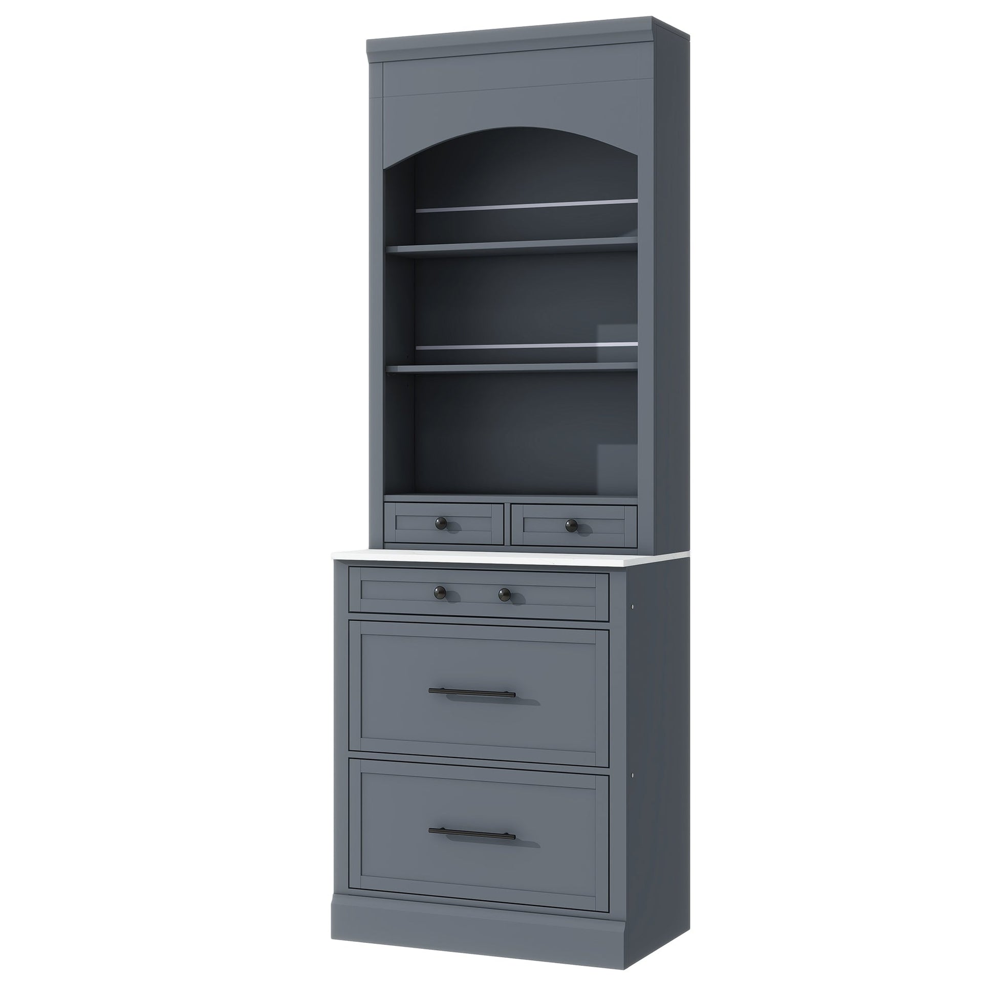 [Assembly Video Provided] TOPMAX Modern 83.7inch High Kitchen Pantry, Freestanding Tall Kitchen Hutch with Faux Marble Top, Display Cupboard Cabinet with 5 Storage Drawers and Adjustable Shelf, Gray - 1st Choice Furniture Direct