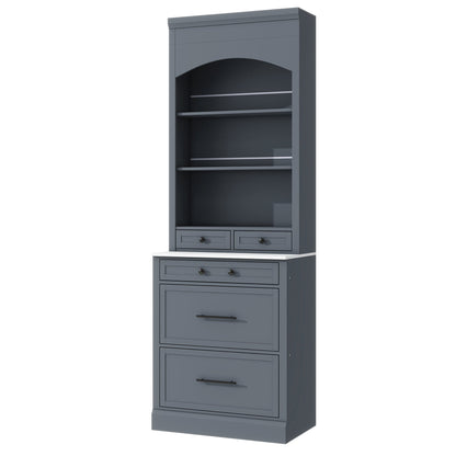 [Assembly Video Provided] TOPMAX Modern 83.7inch High Kitchen Pantry, Freestanding Tall Kitchen Hutch with Faux Marble Top, Display Cupboard Cabinet with 5 Storage Drawers and Adjustable Shelf, Gray - 1st Choice Furniture Direct