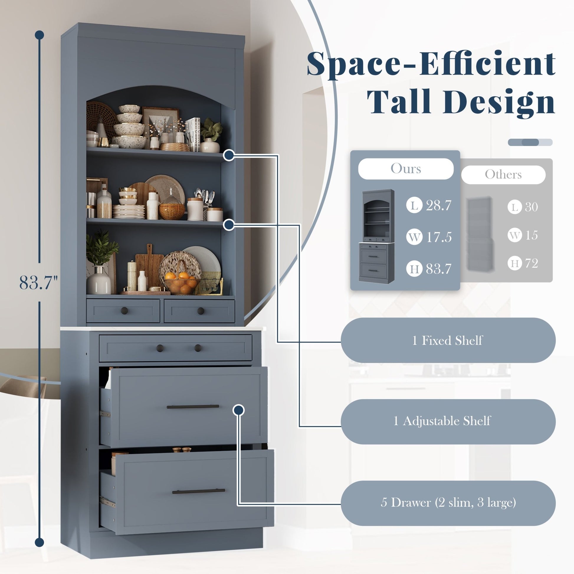 [Assembly Video Provided] TOPMAX Modern 83.7inch High Kitchen Pantry, Freestanding Tall Kitchen Hutch with Faux Marble Top, Display Cupboard Cabinet with 5 Storage Drawers and Adjustable Shelf, Gray - 1st Choice Furniture Direct