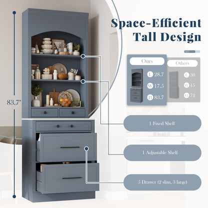 [Assembly Video Provided] TOPMAX Modern 83.7inch High Kitchen Pantry, Freestanding Tall Kitchen Hutch with Faux Marble Top, Display Cupboard Cabinet with 5 Storage Drawers and Adjustable Shelf, Gray - 1st Choice Furniture Direct