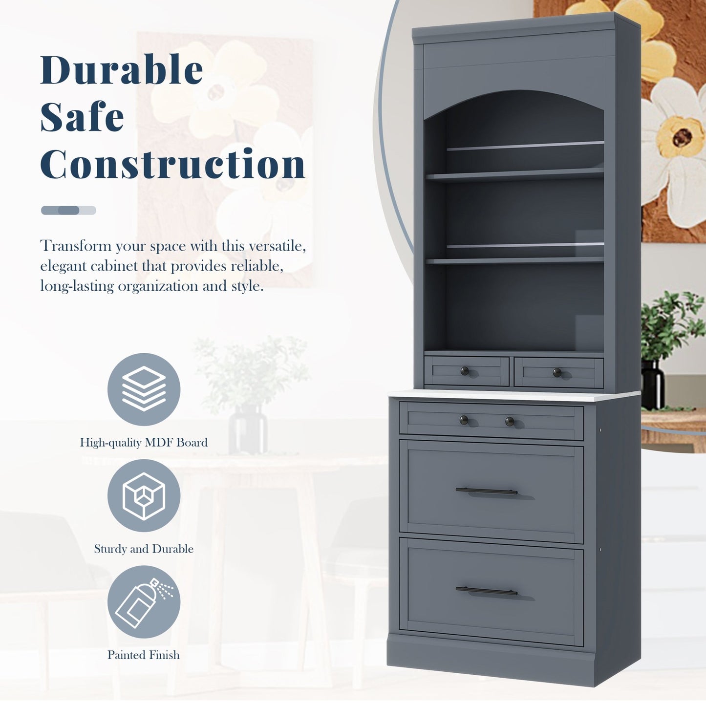 [Assembly Video Provided] TOPMAX Modern 83.7inch High Kitchen Pantry, Freestanding Tall Kitchen Hutch with Faux Marble Top, Display Cupboard Cabinet with 5 Storage Drawers and Adjustable Shelf, Gray - 1st Choice Furniture Direct