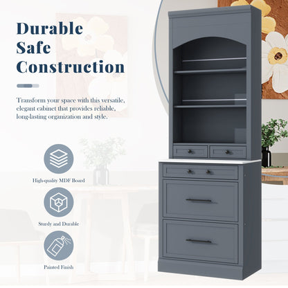 [Assembly Video Provided] TOPMAX Modern 83.7inch High Kitchen Pantry, Freestanding Tall Kitchen Hutch with Faux Marble Top, Display Cupboard Cabinet with 5 Storage Drawers and Adjustable Shelf, Gray - 1st Choice Furniture Direct