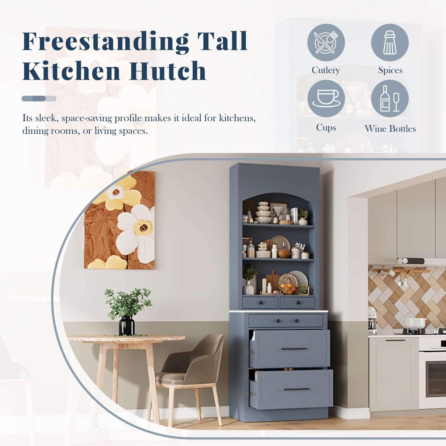 [Assembly Video Provided] TOPMAX Modern 83.7inch High Kitchen Pantry, Freestanding Tall Kitchen Hutch with Faux Marble Top, Display Cupboard Cabinet with 5 Storage Drawers and Adjustable Shelf, Gray - 1st Choice Furniture Direct