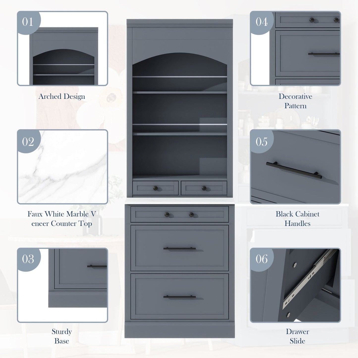 [Assembly Video Provided] TOPMAX Modern 83.7inch High Kitchen Pantry, Freestanding Tall Kitchen Hutch with Faux Marble Top, Display Cupboard Cabinet with 5 Storage Drawers and Adjustable Shelf, Gray - 1st Choice Furniture Direct