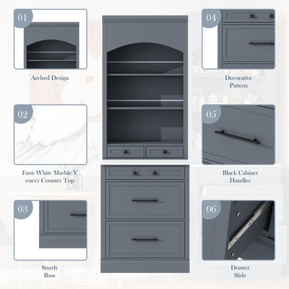 [Assembly Video Provided] TOPMAX Modern 83.7inch High Kitchen Pantry, Freestanding Tall Kitchen Hutch with Faux Marble Top, Display Cupboard Cabinet with 5 Storage Drawers and Adjustable Shelf, Gray - 1st Choice Furniture Direct