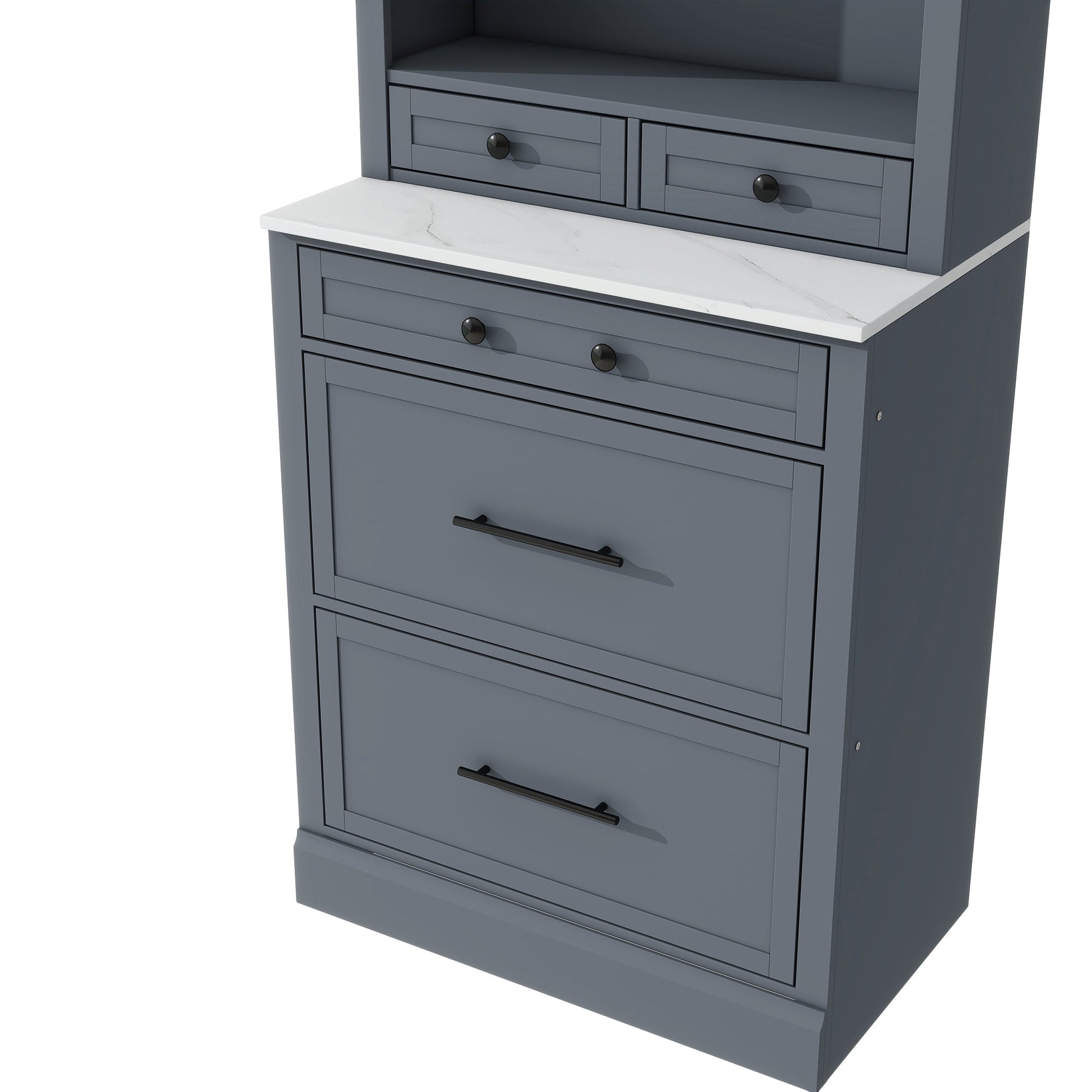 [Assembly Video Provided] TOPMAX Modern 83.7inch High Kitchen Pantry, Freestanding Tall Kitchen Hutch with Faux Marble Top, Display Cupboard Cabinet with 5 Storage Drawers and Adjustable Shelf, Gray - 1st Choice Furniture Direct