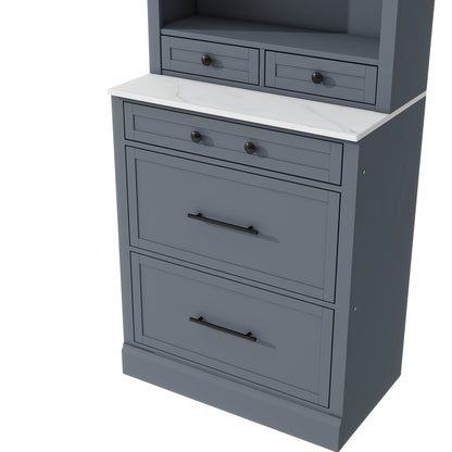[Assembly Video Provided] TOPMAX Modern 83.7inch High Kitchen Pantry, Freestanding Tall Kitchen Hutch with Faux Marble Top, Display Cupboard Cabinet with 5 Storage Drawers and Adjustable Shelf, Gray - 1st Choice Furniture Direct