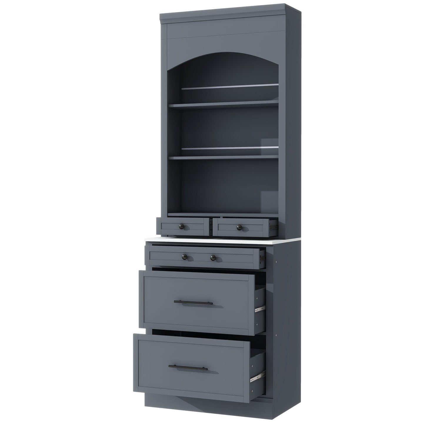 [Assembly Video Provided] TOPMAX Modern 83.7inch High Kitchen Pantry, Freestanding Tall Kitchen Hutch with Faux Marble Top, Display Cupboard Cabinet with 5 Storage Drawers and Adjustable Shelf, Gray - 1st Choice Furniture Direct