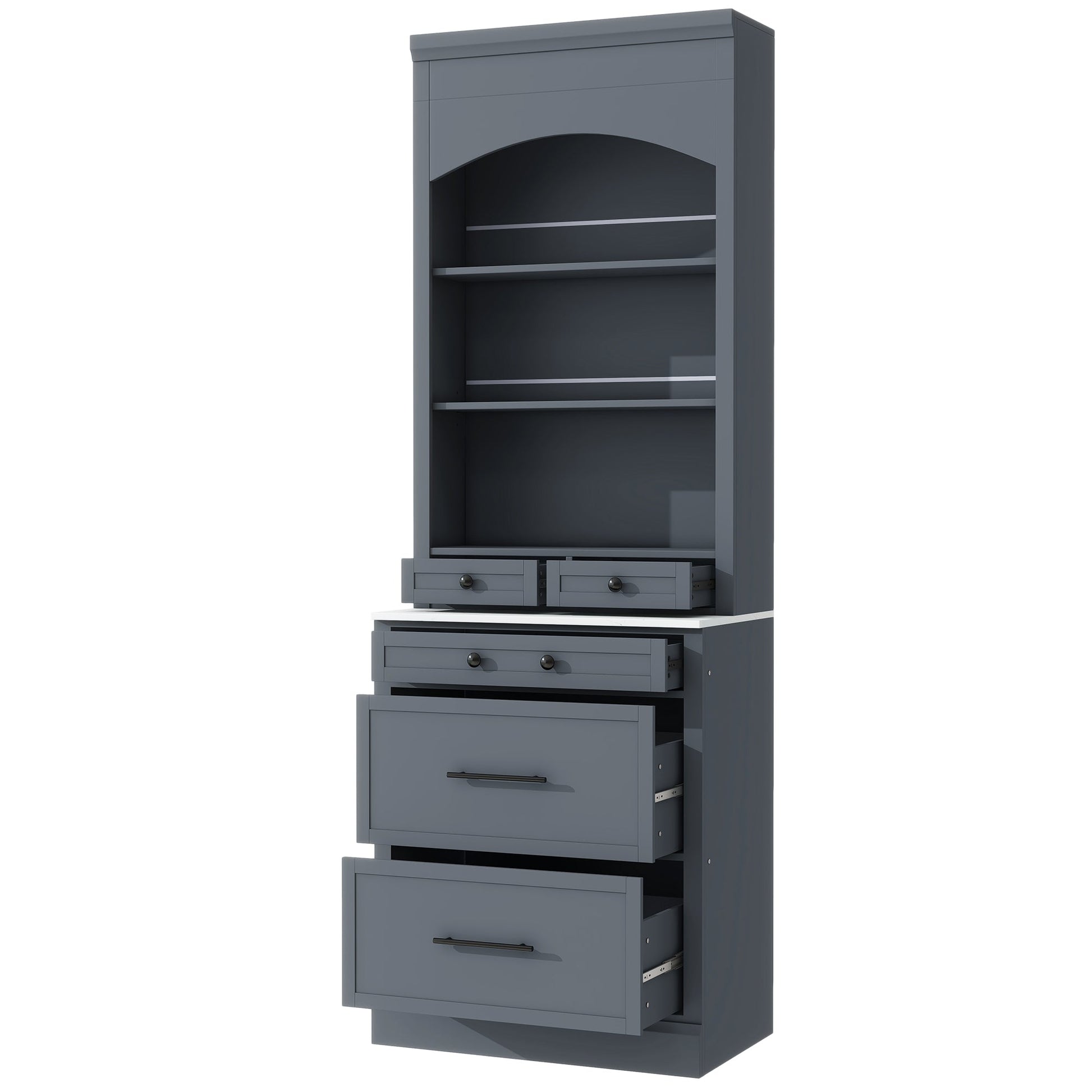 [Assembly Video Provided] TOPMAX Modern 83.7inch High Kitchen Pantry, Freestanding Tall Kitchen Hutch with Faux Marble Top, Display Cupboard Cabinet with 5 Storage Drawers and Adjustable Shelf, Gray - 1st Choice Furniture Direct