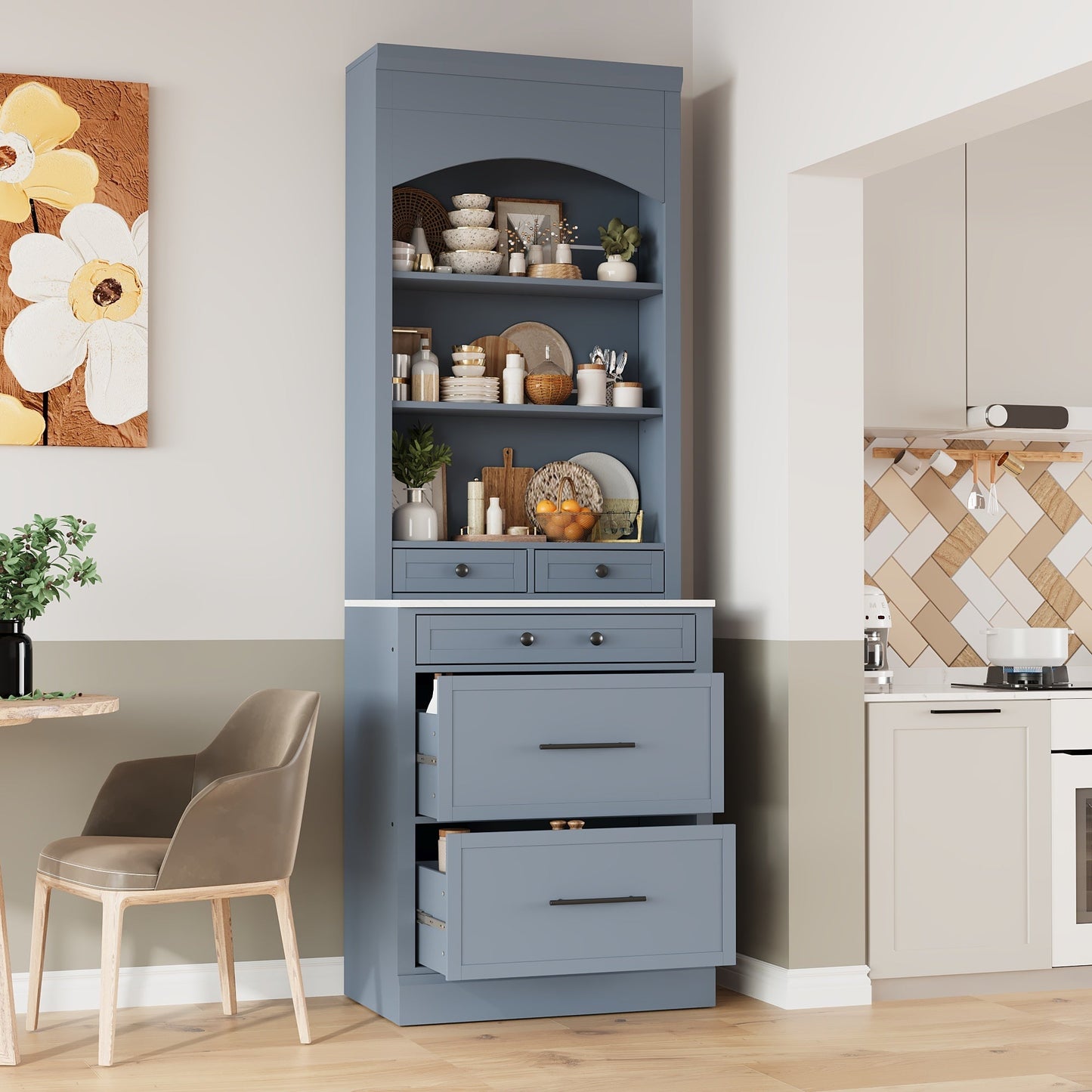 [Assembly Video Provided] TOPMAX Modern 83.7inch High Kitchen Pantry, Freestanding Tall Kitchen Hutch with Faux Marble Top, Display Cupboard Cabinet with 5 Storage Drawers and Adjustable Shelf, Gray - 1st Choice Furniture Direct