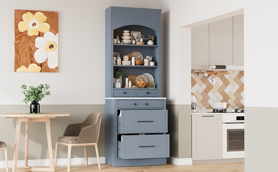 [Assembly Video Provided] TOPMAX Modern 83.7inch High Kitchen Pantry, Freestanding Tall Kitchen Hutch with Faux Marble Top, Display Cupboard Cabinet with 5 Storage Drawers and Adjustable Shelf, Gray - 1st Choice Furniture Direct