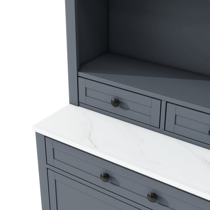 [Assembly Video Provided] TOPMAX Modern 83.7inch High Kitchen Pantry, Freestanding Tall Kitchen Hutch with Faux Marble Top, Display Cupboard Cabinet with 5 Storage Drawers and Adjustable Shelf, Gray - 1st Choice Furniture Direct