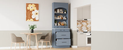 [Assembly Video Provided] TOPMAX Modern 83.7inch High Kitchen Pantry, Freestanding Tall Kitchen Hutch with Faux Marble Top, Display Cupboard Cabinet with 5 Storage Drawers and Adjustable Shelf, Gray - 1st Choice Furniture Direct