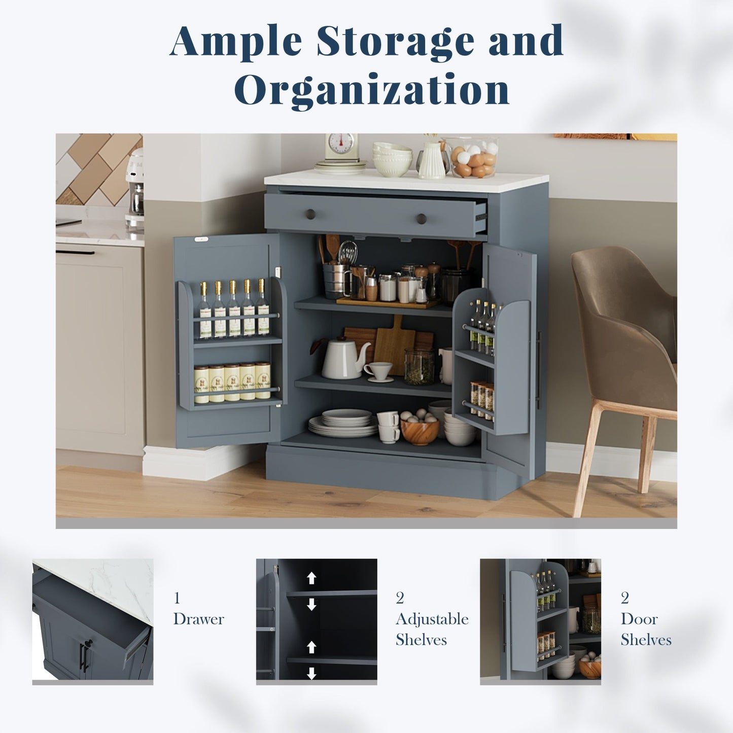 [Assembly Video Provided] TOPMAX Modern Freestanding Kitchen Pantry,Buffet Food Storage, Coffee Bar Cabinet with Drawer, 2 Adjustable Shelves and 2 Door Shelves for Dining, Kitchen, Set of 2, Gray - 1st Choice Furniture Direct