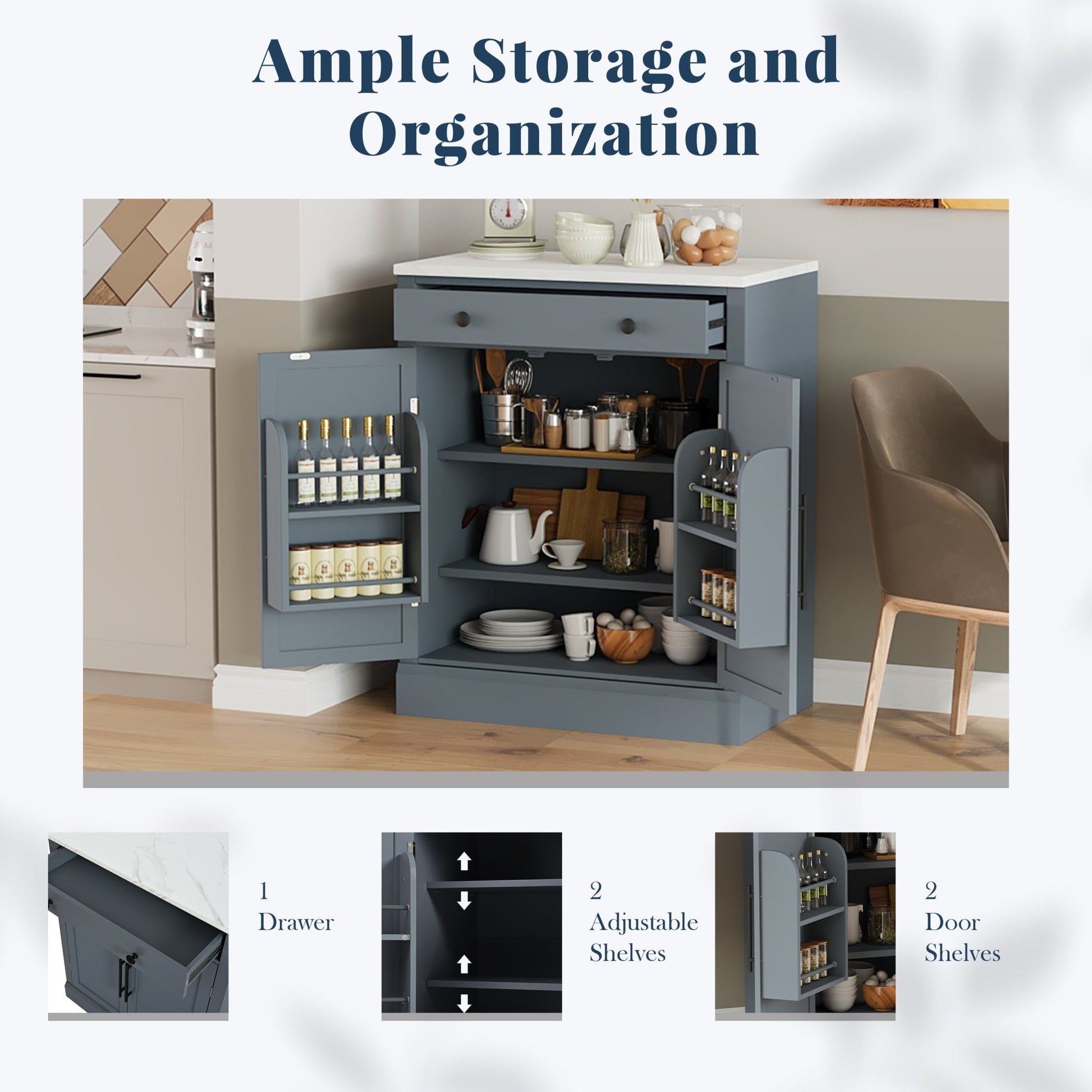 [Assembly Video Provided] TOPMAX Modern Freestanding Kitchen Pantry,Buffet Food Storage, Coffee Bar Cabinet with Drawer, 2 Adjustable Shelves and 2 Door Shelves for Dining, Kitchen, Set of 2, Gray - 1st Choice Furniture Direct