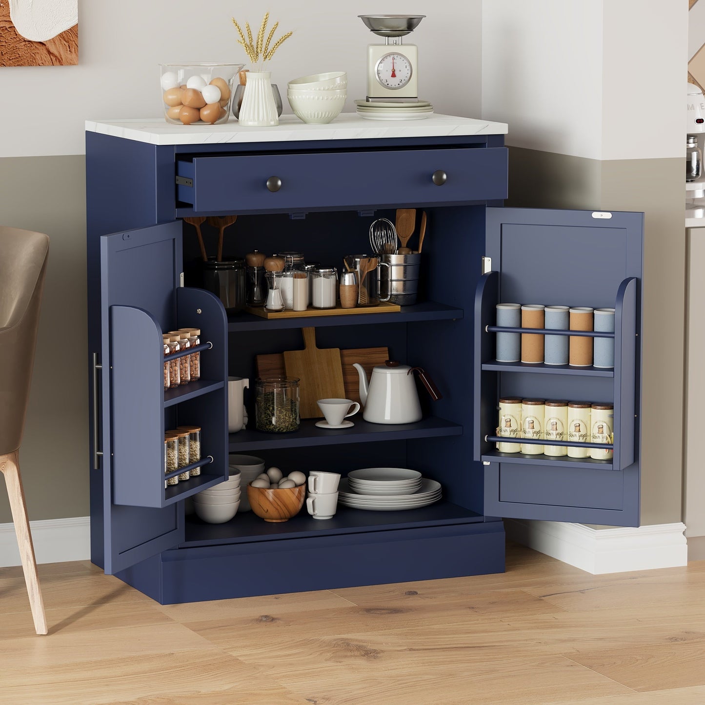 [Assembly Video Provided] TOPMAX Modern Freestanding Kitchen Pantry,Buffet Food Storage, Coffee Bar Cabinet with Drawer, 2 Adjustable Shelves and 2 Door Shelves for Dining, Kitchen, Set of 2, Blue - 1st Choice Furniture Direct